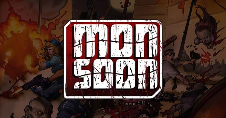 Comic-style illustration featuring chaotic scenes of explosions and characters in action poses. Bold text in the center reads "MONSOON" with a distressed, scratched appearance, embodying the adrenaline of a CMON partnership release and the collectible frenzy akin to NFTs.