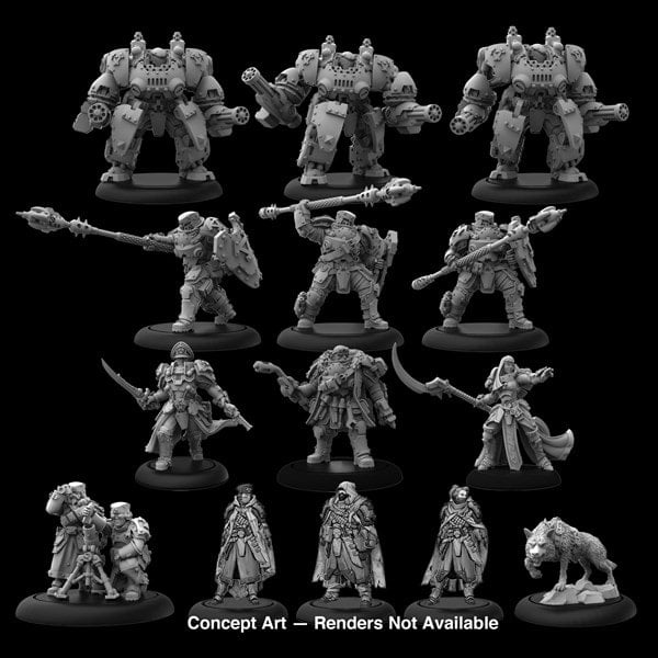 A grayscale image features an array of miniature character models, including armored robots and warriors with various weapons, alongside the Winter Korps wolf. The figures are organized in five rows against a dark background. Text reads, "Concept Art — Renders Not Available," by Privateer Press.