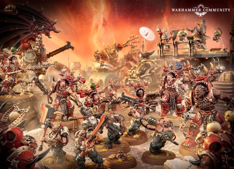 A dramatic scene featuring detailed miniature figures in a fantasy battle, set against an intense, fiery background. Inspired by Games Workshop's iconic 40k universe, the World Eaters warriors are armed and armored in dynamic poses, evoking a thrilling sense of action and combat.