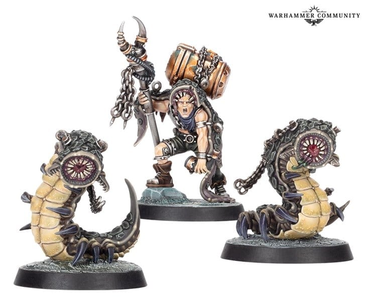 Miniature models from Necromunda feature a fantasy character and two worm-like creatures. The character, likely an Outland Beastmaster, wields a chained weapon, wearing rugged attire and a large backpack. The creatures have segmented bodies with sharp teeth. Warhammer Community logo is visible.