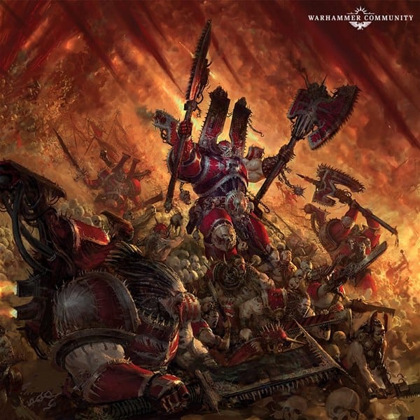 Amidst a fiery, chaotic backdrop, armored warriors wield colossal weapons in a fierce battle scene. The central figure, reminiscent of Angron's legend from the Codex World Eaters, stands triumphantly among fallen foes and debris, capturing a climactic moment of fantasy warfare.