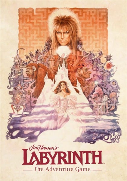 Illustrated poster for "Jim Henson's Labyrinth: The Adventure Game," available in PDF format, features a central figure with wild hair above a maze and fantastical creatures. A woman in white stands at the forefront, surrounded by whimsical characters and ethereal designs.