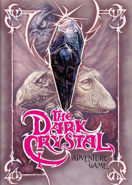 The cover of "The Dark Crystal Adventure Game" showcases a large, dark crystal at its center, enveloped by enchanting illustrations of mystical creatures. The title is elegantly inscribed in stylized pink and white lettering at the bottom. Available in PDF.