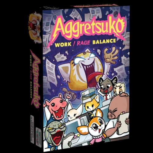 The box cover of "Aggretsuko: Work/Rage Balance" card game features the animated red panda Aggretsuko screaming, surrounded by various anthropomorphic animals involved in office antics, with papers flying around.