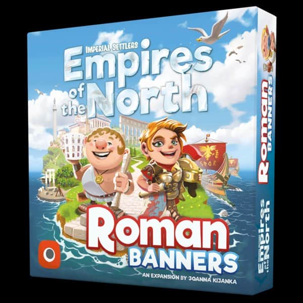 Box art for Portal Games' "Empires of the North: Roman Banners Expansion" showcases two cartoon Roman figures—one with a laurel wreath and the other in armor—set against a coastal backdrop with ships and Roman architecture.