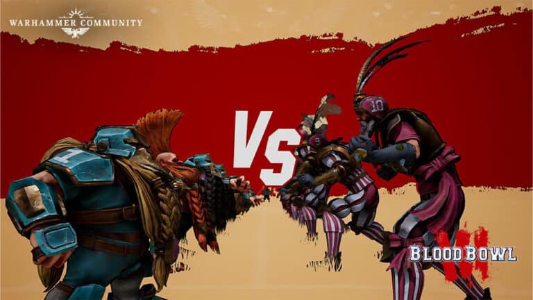 A fantasy football match scene comes alive with two opposing teams: one of armored, dwarf-like characters and the other of slender, colorful warriors. The text reads "Warhammer Community" and "Blood Bowl III," bringing fantasy sports excitement from PC and consoles to the vivid arena.