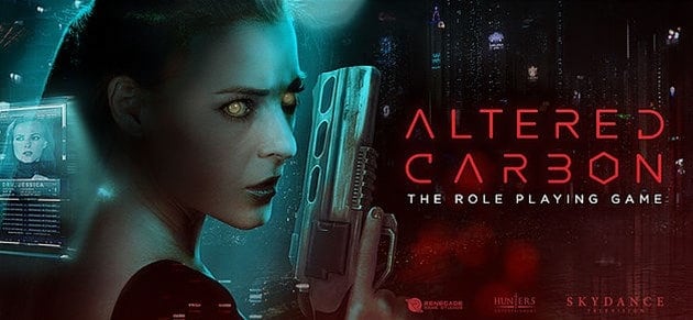 In a futuristic scene, a woman with glowing eyes wields a large gun, her digital profile interface shining. The neon-lit cityscape at night sets the backdrop. Text reads: "Create your future in Altered Carbon RPG," brought to life by Hunters Entertainment.
