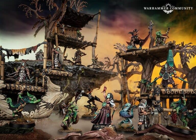 Miniature figures from Warhammer and Games Workshop are displayed in a jungle-themed diorama. The scene features characters on wooden platforms and among trees, with vibrant details and colors. Various creatures and warriors, including some from the Jade Obelisk, are posed in dynamic stances.