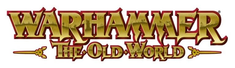 The image showcases the recently announced "Warhammer: The Old World" logo, featuring bold, gold medieval-style lettering with a striking red outline set against a pristine white background.