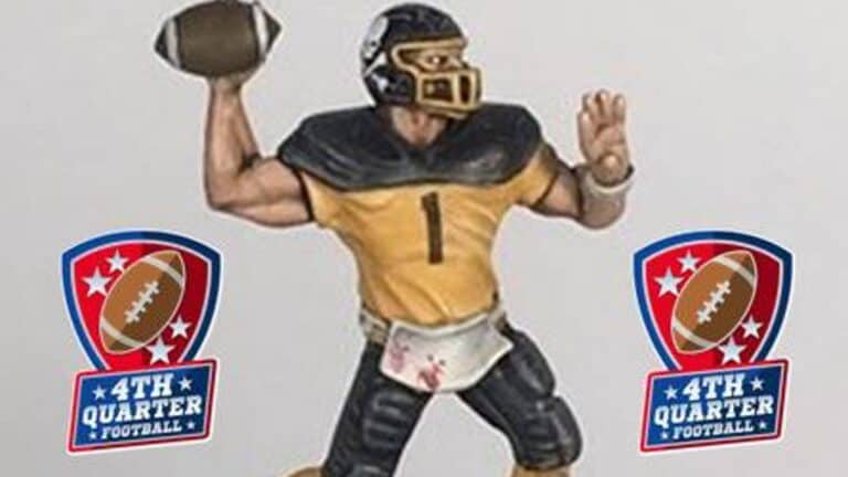 A figurine of a football player in a black and yellow uniform, poised to throw a football, embodies the thrill of the 4th Quarter. Wearing the number 1 jersey and helmet, it features two "4th Quarter Football" logos. A collector's piece for enthusiasts and supporters of this Kickstarter Football Miniatures Game.
