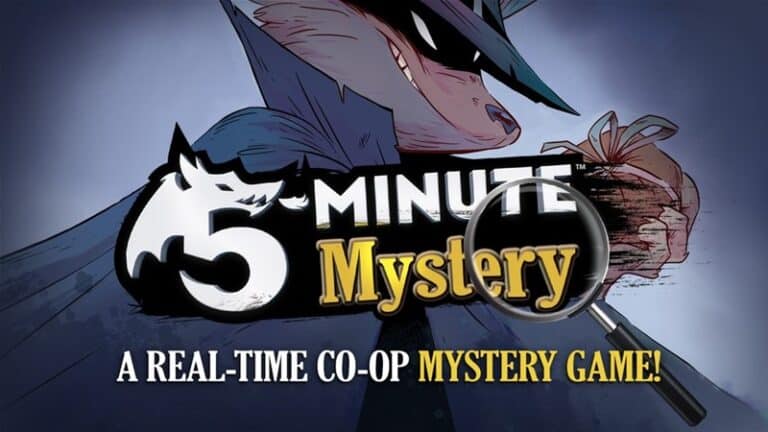 Cover art for "5-Minute Mystery," showcasing an illustrated detective animal in a trench coat and hat, holding a magnifying glass. Text reads: "A real-time co-op mystery game!" Backed by fans on Kickstarter!
