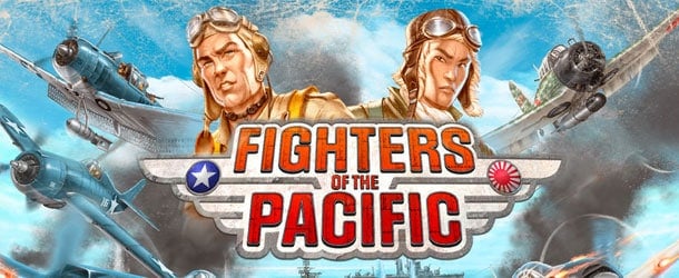 Illustration of two pilots in vintage aviation gear amid military planes soaring above a fleet, capturing the essence of a WWII tactical board game. Text reads "Fighters of the Pacific" with a stylized logo featuring American and Japanese emblems, now available in US stores.