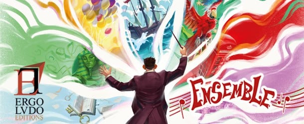 An illustrated conductor stands with arms raised, surrounded by colorful swirls depicting music notes, a book, a phoenix, and more. The background is vibrant and dynamic, with "Ensemble!" prominently displayed like an epic from Ares himself. Logo reads "Ergo Ludo Editions 2023.