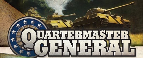 Cover art for the game "Quartermaster General: East Front," featuring military tanks and a logo with stars surrounding the letter "Q" prominently in the foreground, set against a backdrop of a battlefield map by Ares Games.