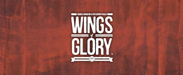 Text reading "WWI Wings of Glory" is centered on a textured, reddish-brown background, evoking the era's solo play aviation battles.