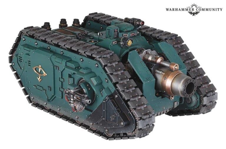 A detailed model of the futuristic Typhon Heavy Siege Tank with heavy treads and a large cannon, set against a white background. It features intricate embellishments and carries the "Warhammer Community" logo, highlighting its connection to the epic Horus Heresy from Games Workshop.