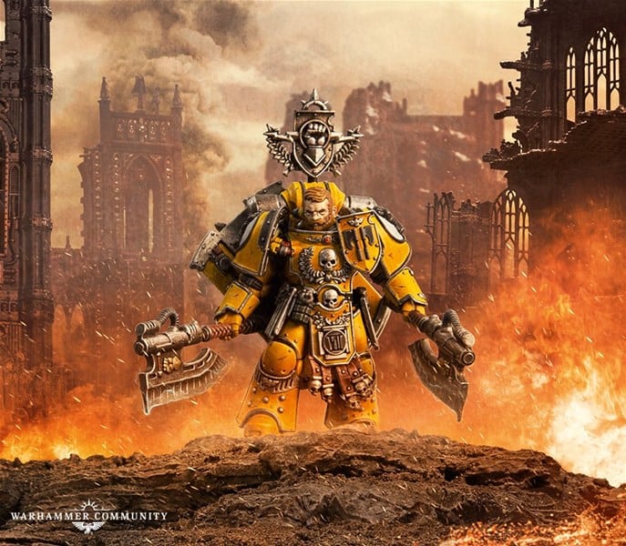 A heavily armored warrior reminiscent of a Games Workshop creation stands boldly in yellow armor amidst a fiery, post-apocalyptic landscape. The armor, similar to that of Fafnir Rann's from 40k, is adorned with skull motifs and symbols. Burning ruins and dark smoke fill the background.