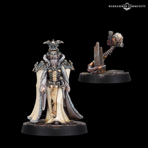 A detailed miniature figure of a Warhammer character by Games Workshop, dressed in ornate armor and a long robe, with robotic features and intricate designs. Beside it is a smaller mechanical device resembling Necromunda's Corpse Harvesters gear, set against a black background.
