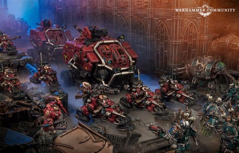 In a meticulously crafted urban battlefield, red-armored soldiers and massive armored vehicles from Warhammer 40,000 clash with skeleton-like warriors. The scene, echoing Games Workshop's gothic architecture, captures the intense strategy and action of weapon profiles in this miniature tableau.