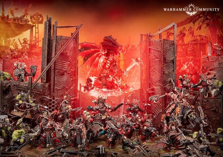 A dramatic battle scene unfolds with fantasy warriors and creatures locked in combat beneath a fiery, orange sky. At the center, a large winged creature looms, reminiscent of epic 40k battles. Detailed armored soldiers clash with mechanical elements, reminiscent of Games Workshop's captivating worlds.
