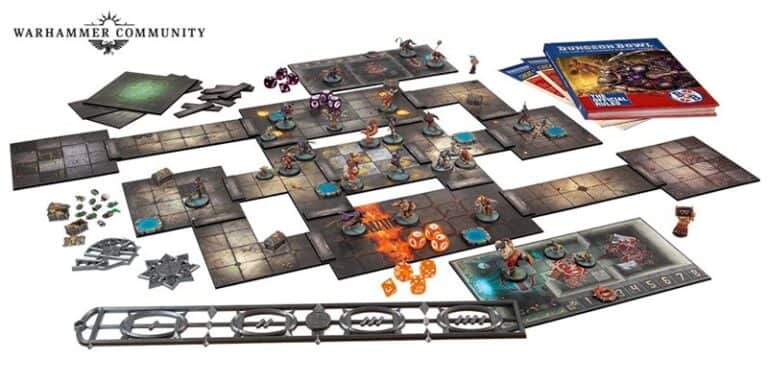 A tabletop board game setup showcases miniatures, modular dungeon tiles, dice, cards, and counters. This Dungeon Bowl preview captures the essence of a thrilling dungeon crawl adventure with a variety of game pieces and accessories reminiscent of Games Workshop's finest.