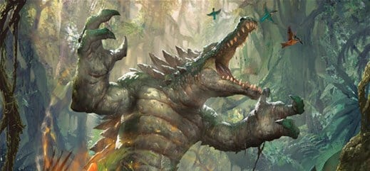 In the lush jungle, Barnabas The Conqueror roars, his crocodile-like head and muscular form casting a formidable presence. Colorful birds fly around him, highlighting his massive, spiked figure. The vibrant foliage and dappled sunlight create a dynamic scene worthy of the Hordes universe by Privateer Press.