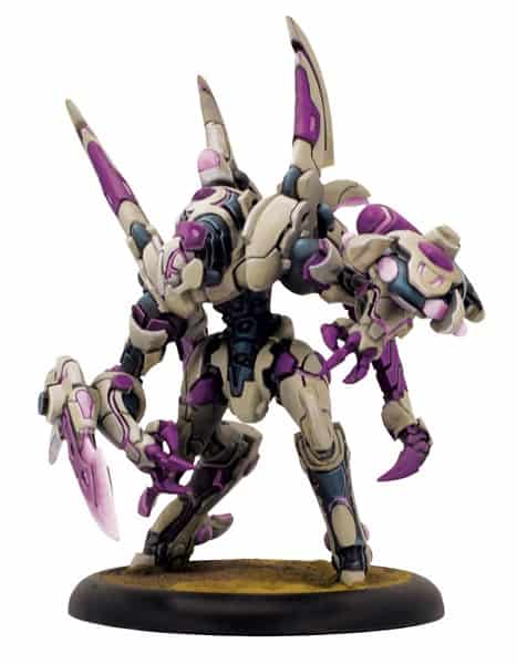 A detailed model of a futuristic, armored robot with white and purple coloring, featuring sharp, angular designs and multiple appendages. Standing on a small, round base for display or tabletop gaming, it’s an exciting preview of July releases from Privateer Press.