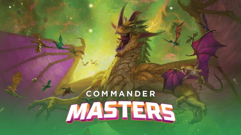 Fantasy artwork of a large dragon with purple wings and horns surrounded by smaller dragons. The background is a glowing green sky. Text at the bottom reads "Commander Masters," celebrating the Magic: The Gathering release on August 4, 2023.