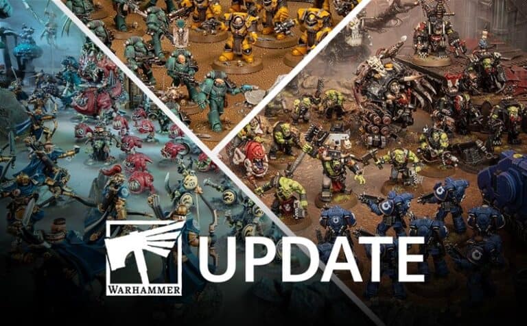 A collage of three Warhammer miniature armies: blue and red figures on the left, yellow armored figures at the top, and green and black figures on the right. "Pricing Update" is prominently displayed over the images, sparking interest within the community.