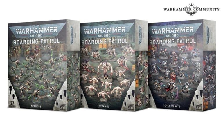 Three Warhammer 40,000 "Boarding Patrol" boxes are displayed by Games Workshop. The sets, labeled "Necrons," "Tyranids," and "Grey Knights," each feature detailed miniatures for immersive 40k tabletop gaming combat and thrilling boarding action scenarios.