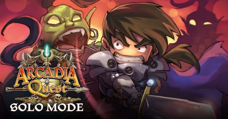 Illustrated cover for "Arcadia Quest Solo Mode" by CMON, featuring a determined character in armor and a sword, surrounded by monsters. The title is prominently displayed with a decorative sword and shield emblem against a fiery, intense background.