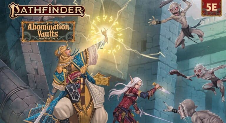 In a dynamic, action-packed scene from "Pathfinder: Abomination Vaults," an elf with a sword battles ghoulish creatures alongside a wizard casting spells in the dungeon. This thrilling Adventure Path, available for Paizo pre-order, promises an unforgettable journey.
