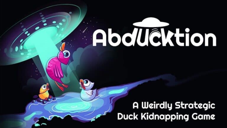 A colorful game cover titled "Abducktion" shows a cartoon UFO beaming up a startled purple bird. Two other birds, one orange and one white, look on from a pond. The tagline reads, "A Weirdly Strategic Duck Kidnapping Game." Support the Abducktion Board Game now on Kickstarter!