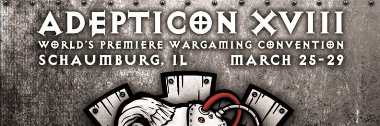 Banner for Adepticon XVIII, hailed as the world's premiere wargaming convention in Schaumburg, IL, March 25-29. The 2020 event features bold text and metallic elements but is marked "Cancelled" due to unforeseen circumstances.