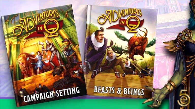 Two fantasy-themed RPG sourcebooks titled "Adventures in Oz" are showcased. The first, "Campaign Setting," displays characters and creatures by a green door. The second, "Beasts & Beings," depicts people battling a large beast indoors, with a fantasy figure nearby—all part of an exciting Kickstarter project.