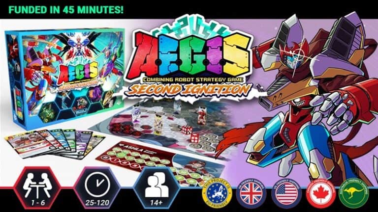 A colorful board game box titled "AEGIS: Combining Robot Strategy Game, Second Ignition," born from a successful Kickstarter campaign, showcases a dynamic robot illustration. It includes game pieces, cards, and details like player count (2-6), age (14+), and playtime (25-120 minutes), with an array of flags displayed.