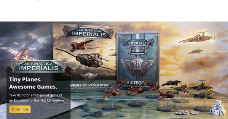 Tabletop game setup for Aeronautica Imperialis by Games Workshop, featuring miniature planes, a rulebook, and game elements. The banner advertises "Tiny Planes. Awesome Games." against a sky backdrop. A button below reads "Pre-order now.