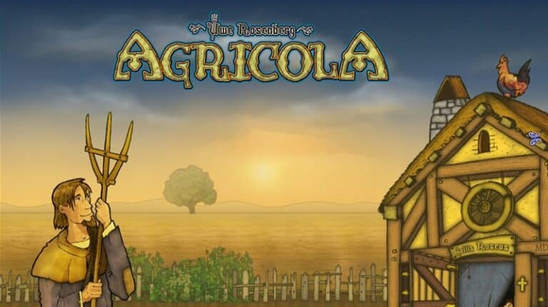 A cartoon illustration for the "Agricola: Digital Revised Edition," featuring a farmer holding a pitchfork, standing outside a barn with an Asmodee logo subtly on the side. A rooster perches on the roof, and a tree and fence sit in the background under a blue sky.