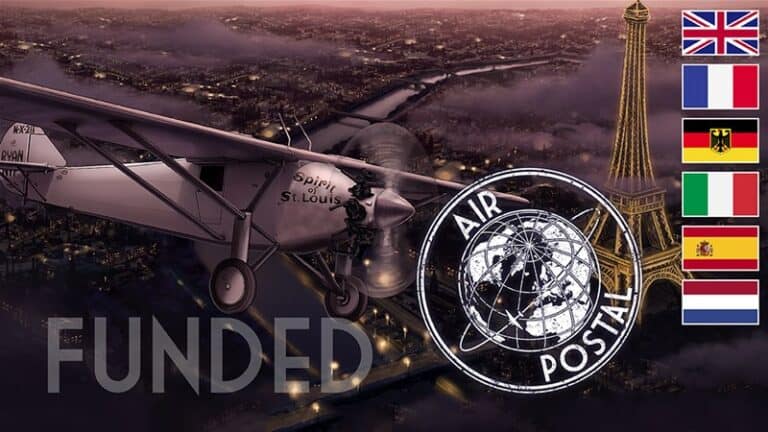 A vintage airplane flies over Paris at night with the Eiffel Tower in view, echoing the thrilling adventure of an Air Postal Board Game. Flags of the UK, France, Germany, Italy, Spain, and the Netherlands are on the right. "FUNDED" and "KICKSTARTER" proudly stand out against a dreamy backdrop.