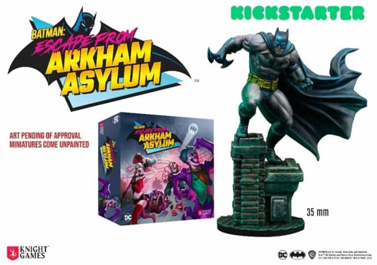 Promotional image for the Kickstarter board game "Batman: Escape from Arkham Asylum" by Knight Games. Features a meticulously painted Batman miniature standing atop a stone pedestal next to the captivating board game box. Miniature height shown as 35 mm. Art pending approval.