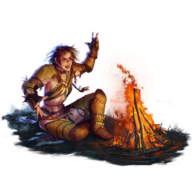 A warrior in leather armor sits by a campfire, gesturing energetically. With a determined expression and shadows cast by the brightly lit fire, she embodies the spirit of a Kingmaker. The setting hints at an adventurous outdoor scene at night worthy of any Pathfinder tale.