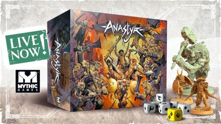 Board game titled "Anastyr" by Mythic Games showcased with an illustrated box featuring fantasy characters. Kickstarter edition includes figurines of a warrior and a beast wielding weapons, alongside a set of dice. Text reads "LIVE NOW!" on a vibrant green banner.