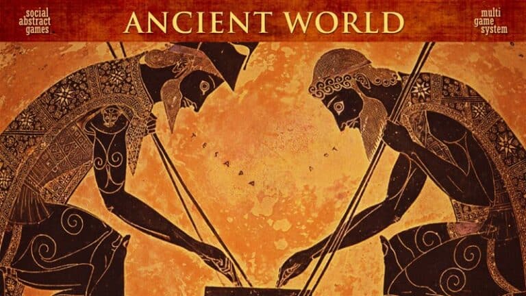 A stylized illustration of two ancient warriors playing a board game, depicted in black-figure art style. Both wear detailed helmets and armor. The background is a warm, earthy tone with decorative borders displaying the text "Ancient World," reminiscent of Kickstarter's multi-game tiles allure.