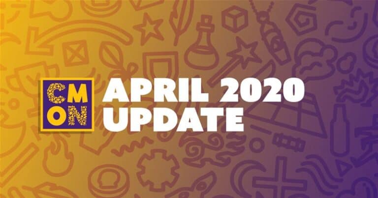 A colorful graphic featuring the text "CMON April Update" against a vibrant background with abstract shapes and icons like a flask and compass.