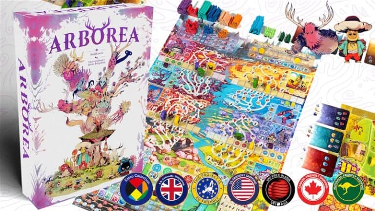 The board game "Arborea" is showcased, with its box featuring whimsical artwork and a colorful landscape. Tokens, cards, and a map lay beside it, flags marking language options. Perfect for Kickstarter enthusiasts seeking vibrant and engaging gameplay experiences.