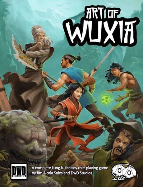 The cover of the RPG "Art of Wuxia" showcases dynamic characters in martial arts attire, wielding weapons. Set against a fantasy-themed backdrop with a mystical creature, it captures an intense action scene. Available now, it's a must-have for enthusiasts.