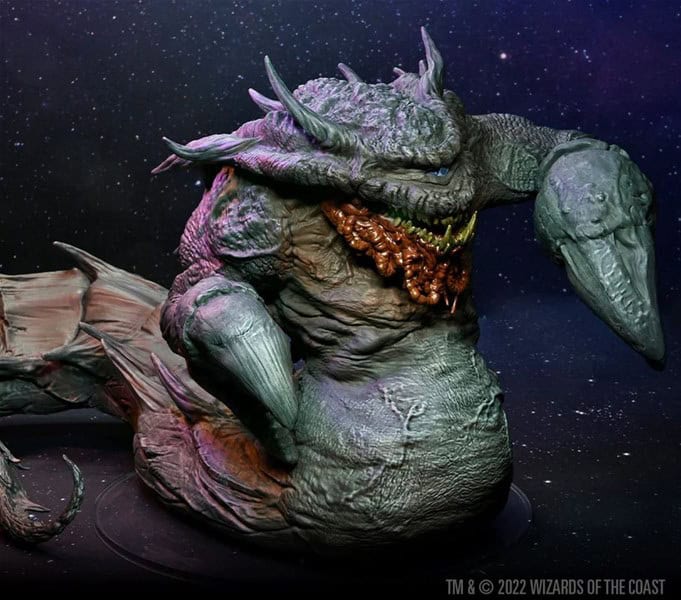 Under a starry night sky, an Astral Dreadnaught looms with its large, scaly, serpentine body. Courtesy of WizKids' Spelljammer series, it boasts two clawed arms and a mouth brimming with sharp teeth, its textured skin glistening in green as if born from the stars themselves.