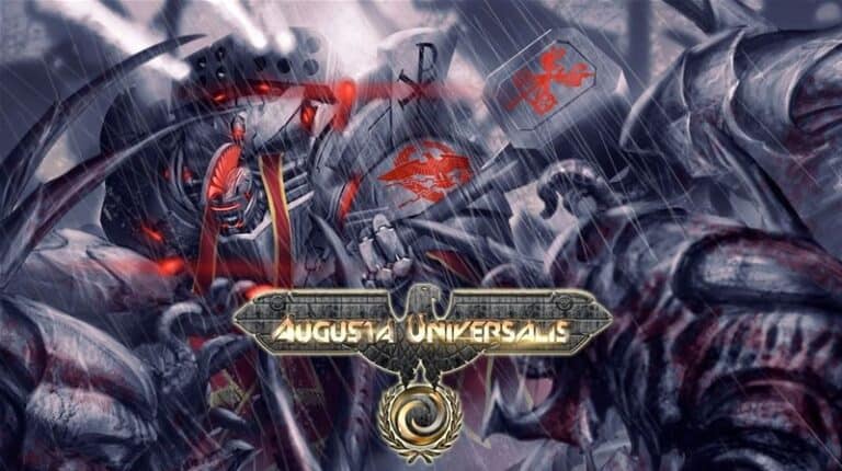 A dramatic scene unfolds as armored warriors clash under heavy rain, evoking the intense essence of a Sci-Fi RPG. Dark hues contrast with flashes of red, while "Augusta Universalis" is boldly displayed at the center over an emblem, hinting at an epic Kickstarter campaign.