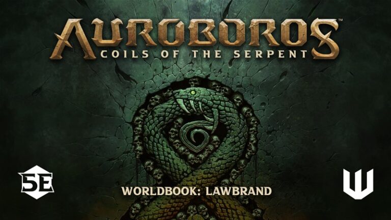 The fantasy book cover for "Auroboros: Coils of the Serpent" showcases a stylized green serpent loop, set against an intricate dark background. With logos for 5E and W in the corners and "Worldbook: Lawbrand" at the bottom, it hints at an expansive RPG campaign originally launched on Kickstarter.