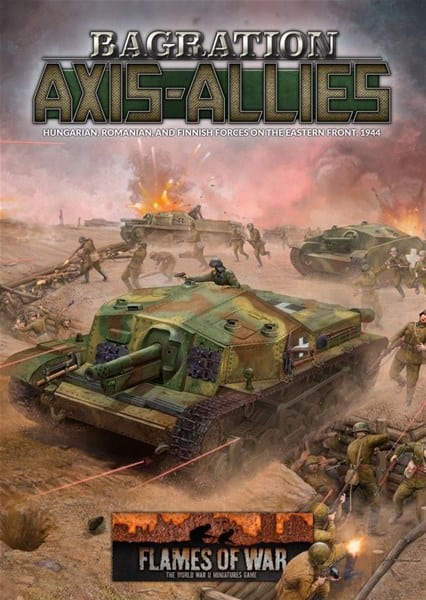 Cover illustration for "Bagration Axis-Allies: Flames of War." This Axis-Allies book vividly captures a WWII scene with tanks and soldiers clashing in battle. Amidst dust and explosions, military forces advance, bringing the intense flames of war to life on the battlefield.